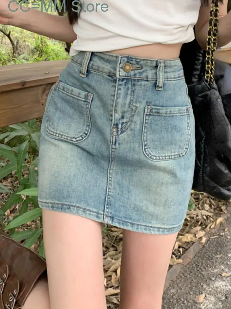 New Bule Vintage Fashion Denim Skirt Women Bodycon Casual Party Mini Skirt Female Pockets Korean Style Elegant Skirt