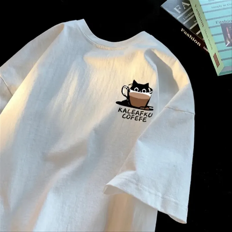 Summer Coffee Simple Basic Oversized Loose Short Sleeve T-shirt Male & Female Student Round Neck Half Sleeve Couple Tee Top image 2