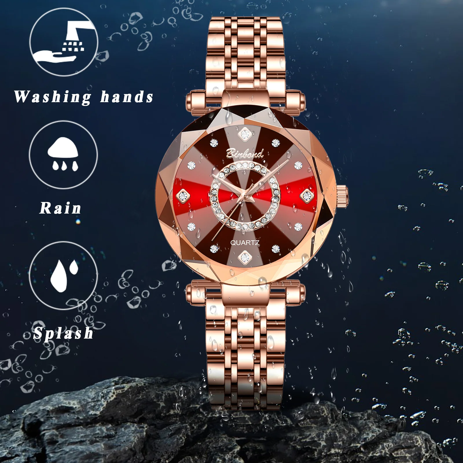 LANCARDO นาฬิกาควอทซ์ของผู้หญิง Ocean Heart กระจกตัดหลายมุมนาฬิกากันน้ําหน้าปัดเพชรสายสแตนเลสแบบถอดได้