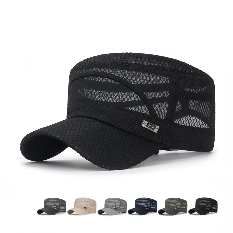 Summer New Iron Standard Full Net Flat Top Hat for Men, Casual, Breathable, Sun Shading, Summer Outdoor Sun Protection Hat for W