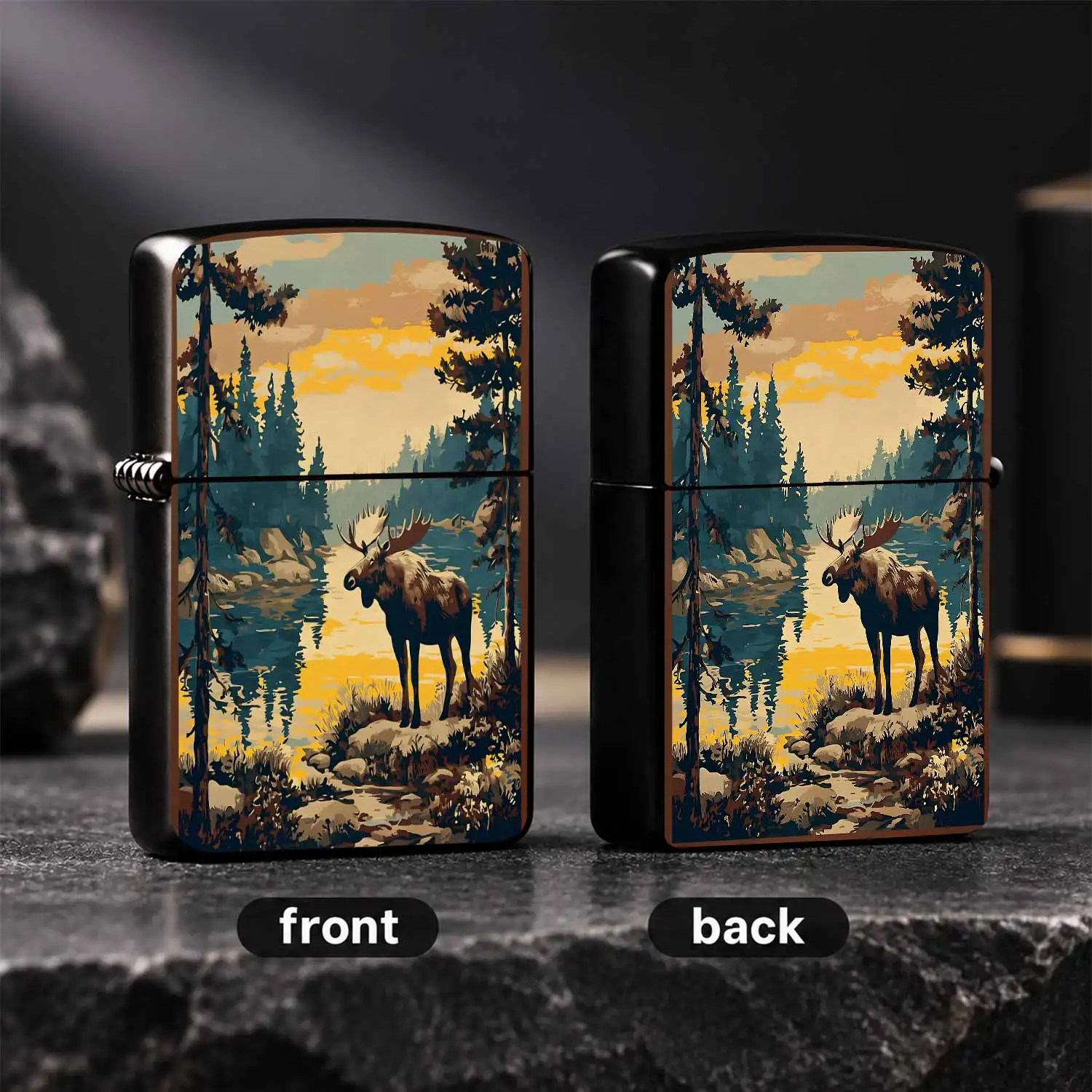 Vintage Moose Lakeside Scenery Decorative Lighter, Nature Themed Portable Igniter For Outdoor Camping Hiking Daily Use, Exquisite Practical Accessory With Retro Wilderness Aesthetic, Ideal For Multi-Scenario Daily Appli A Humorous And Inter