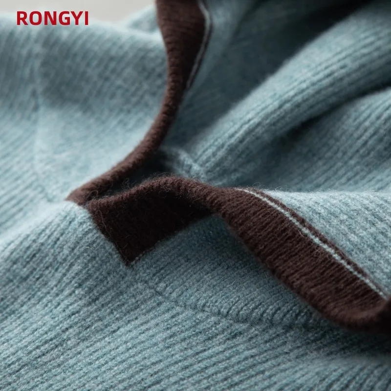 RONGYI 100% Pure Goat Cashmere Men\'s Sweater Pullover Autumn And Winter Thickened Keep Warm Casual Hooded Knitted Loose Top