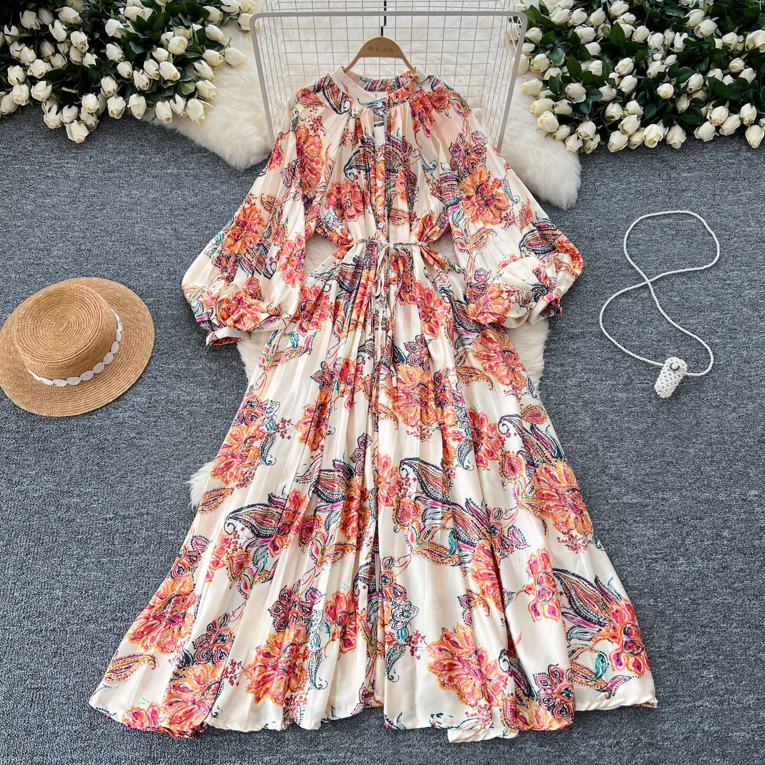 European American Printed Maxi Dress For Women Autumn Fashion O-neck Single Breasted Lantern Sleeves Pleated Large Swing Skirt