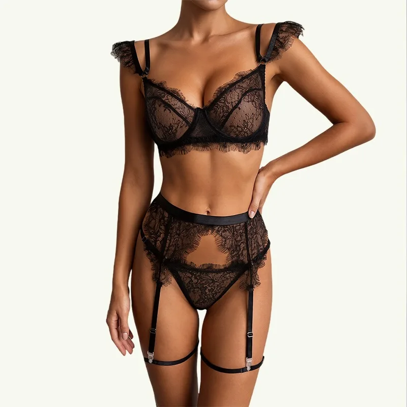 Tornova Erotic Lingerie Sexy French Eyelash Lace Hollow Temptation Shaping Gather Together Women Delicate Hot Bra Four-piece Set