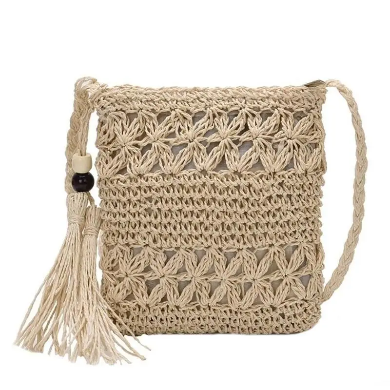 Hollow Handmade Woven Straw Crossbody Shoulder Bag Women Vintage Girl Beach Tassel Straw Bag Mini Mobile Phone Purse Coin Purse