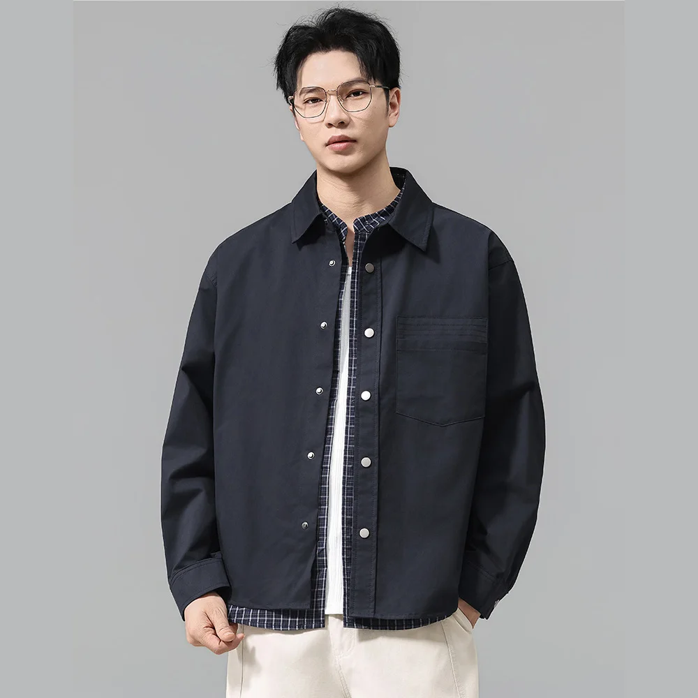 Men's Double Placket Splice Plaid Long Sleeve Loose Casual Cotton Cargo Shirts American Fashion Streetwear Oversize Shirt Coat
