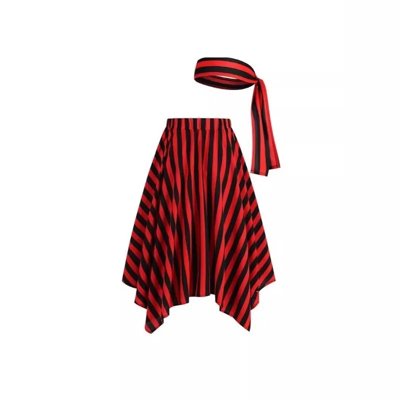 Halloween Pirate Costume for Men Striped Wrap Skirt Coordinating Headband 3D Printed Asymmetric Role-Play Set