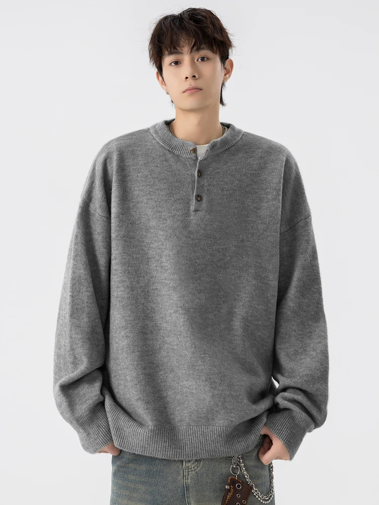 

Мужской вязаный свитер свободного кроя с воротником хенли, больших размеров, простой, стильный, осенняя верхняя одежда, повседневный, универсальный, теплый, комфортный трикотаж.