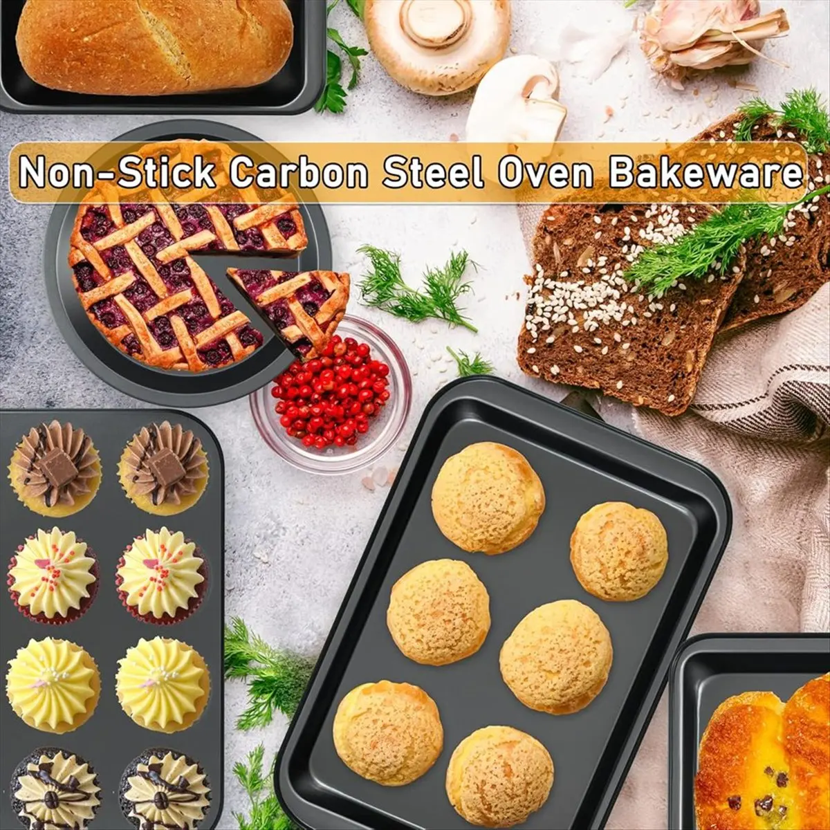 A67T NEW Kitchen 5-Piece Nonstick Bakeware Set - Round/Square Cake Pans, Muffin Pan, Loaf Pan, Roast Pan & Baking Sheets