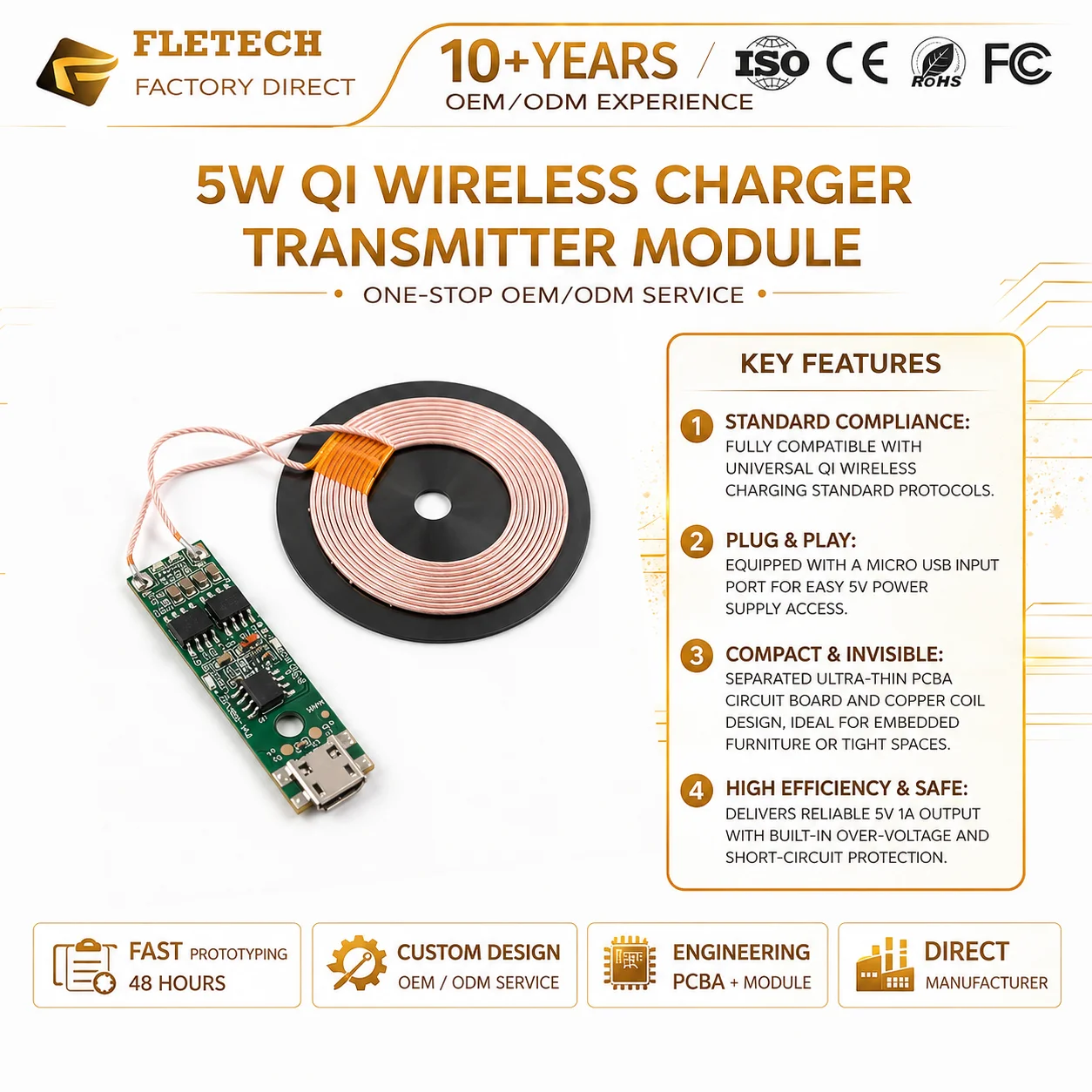 Qi Wireless Charger Module Transmitter PCBA Circuit Board with Coil 5V 1A 5W Micro USB Universal Charging Base for Phone DIY