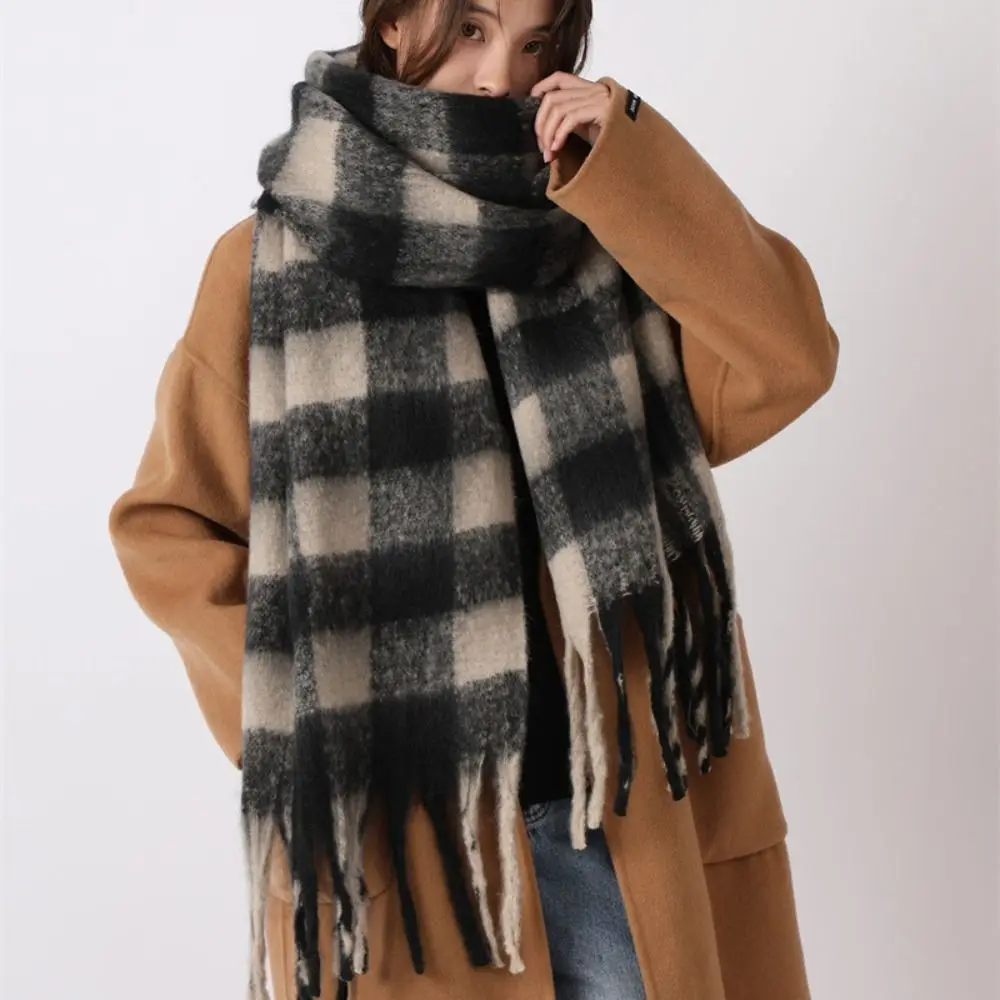

Retro Mohair Plaid Wool Scarf Tassel Winter Cashmere Scarves Thicken Solid Color Long Shawl Student