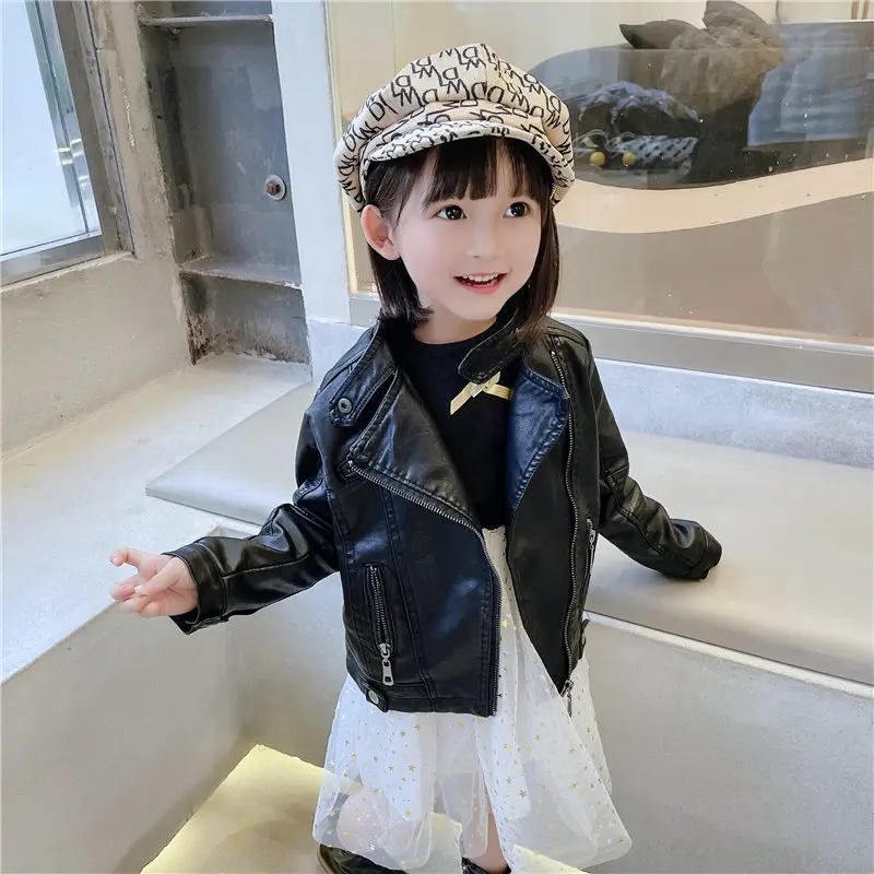 

Spring New Children's Clothing Girls' Jacket BabypuLeather Jacket Long Sleeve Kids Coat3-8Year-Old Children's Clothing