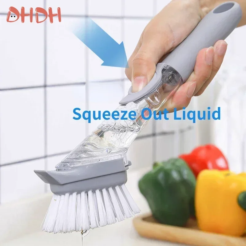 Kitchen Specific Press Type Long Handle Washing Pot Brush Refillable Liquid Cleaning Brush Non-Stick Oil Liquid Adding Pot Brush