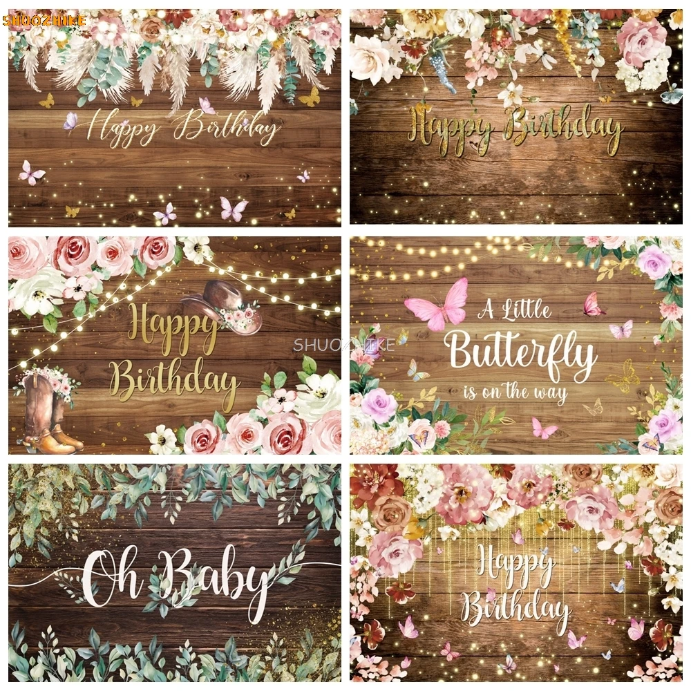 

Wooden Flower Backdrop Wedding Anniversary Happy Birthday Baby Shower Party Custom Name Background for Photography Photo Studio