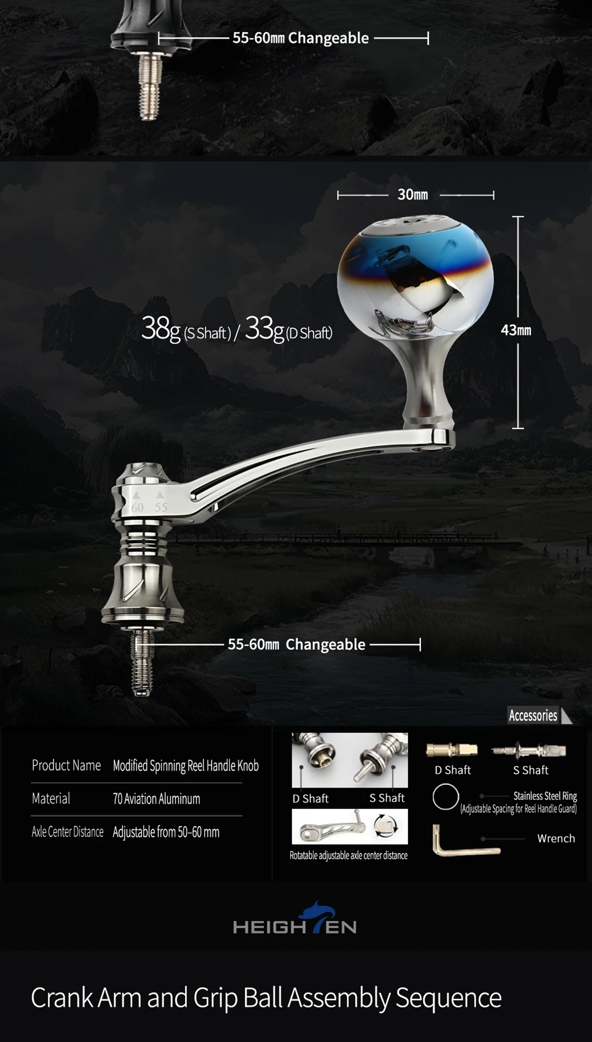 HEIGHTEN Spinnrolle mit Einzelgriff 55mm Austauschbar auf 60mm mit Knopf – Ersatzteile für Spinnrollen zum Bassangeln – Detail 12