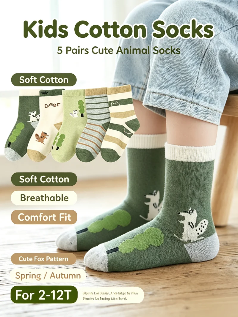 SShu Kindersocken, Frühlings- und Herbstsocken, Eichhörnchen-Cartoon-Kindersocken, atmungsaktive Baumwollsocken für Kleinkinder, 5 Paar – Detail 1