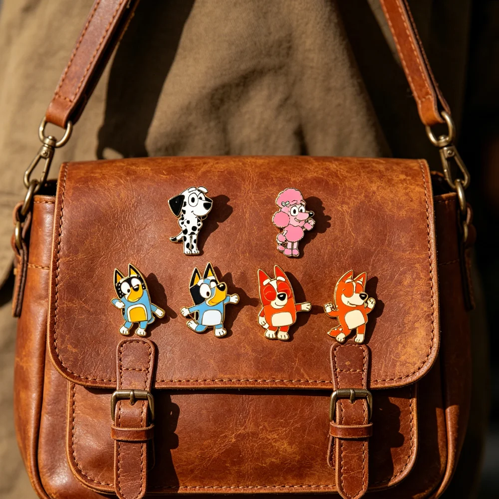 Conjunto de 6 Pins Esmaltados de Cães Bingo, Joias de Moda Femininas para Acessórios de Vestuário, Emblemas para Mochilas e Presentes