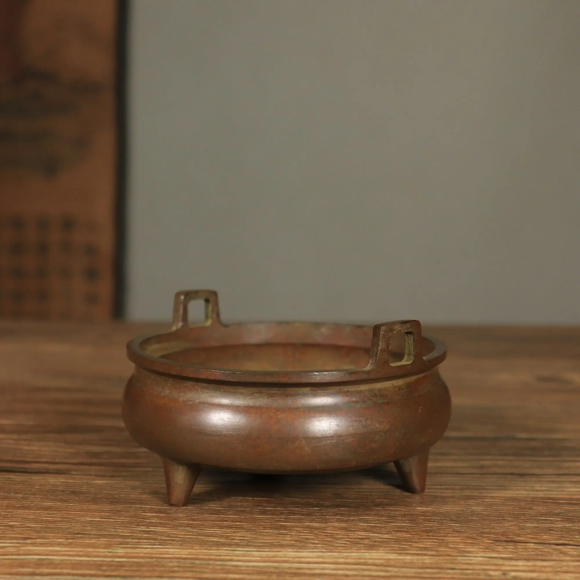 Vintage Pure Copper Three Leg Double Ear Incense Burner Red Patina Home Living Room Entrance Decoration