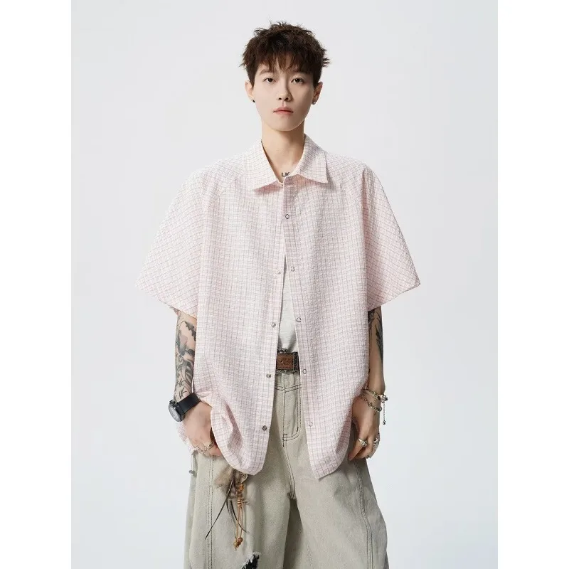 Mens Lapel Collar Tiny Grid Plaid Wrinkle Texture Oversized Loose Short Sleeve Button Shirt