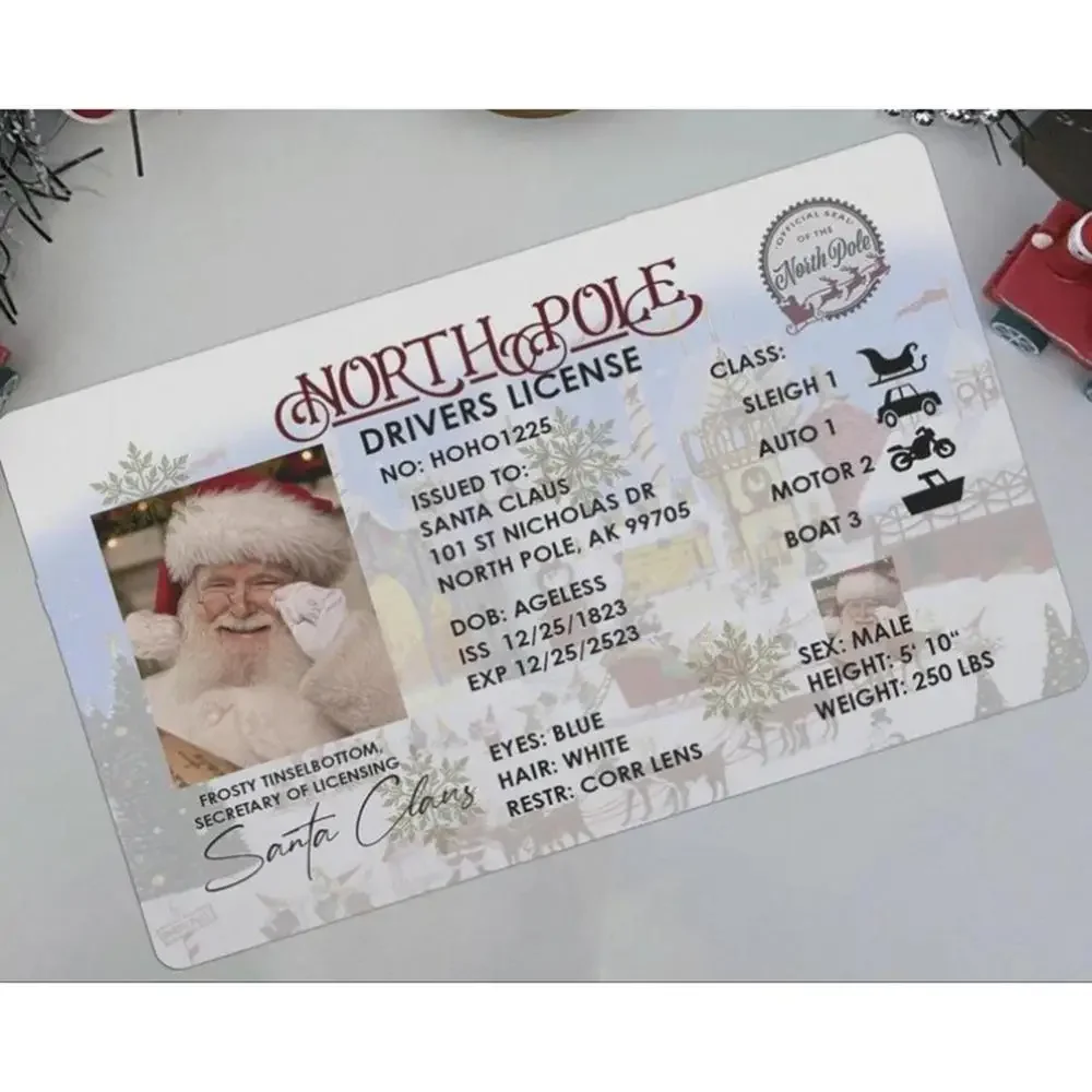 Novelty North Pole Santa Claus Fake Driver License ID Card, Funny Christmas Stocking Stuffer Gift, Xmas Tabletop Decor Keepsake Card for Kids Family Holiday Party Favors