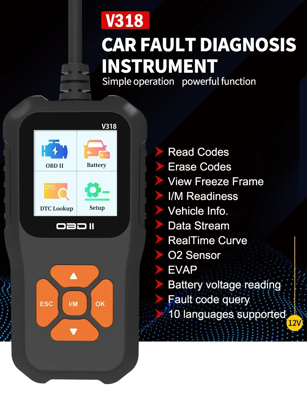 V318 Auto Diagnostic Tool Scanner Automobile Battery Tester OBD2 Automobile Clear Fault Detects Support Multiple Languages