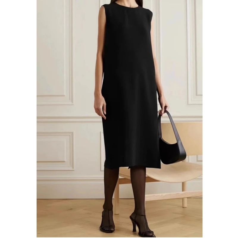 New women's split sleeveless mid length dress made of triacetic acid fabric for spring and summer of 2025