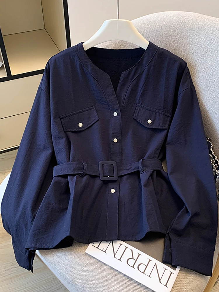 

Ladies Fashionable V-neck Tops Stylish Designed Long-sleeved Top With Belt Women's Versatile Work Commuting Shirts