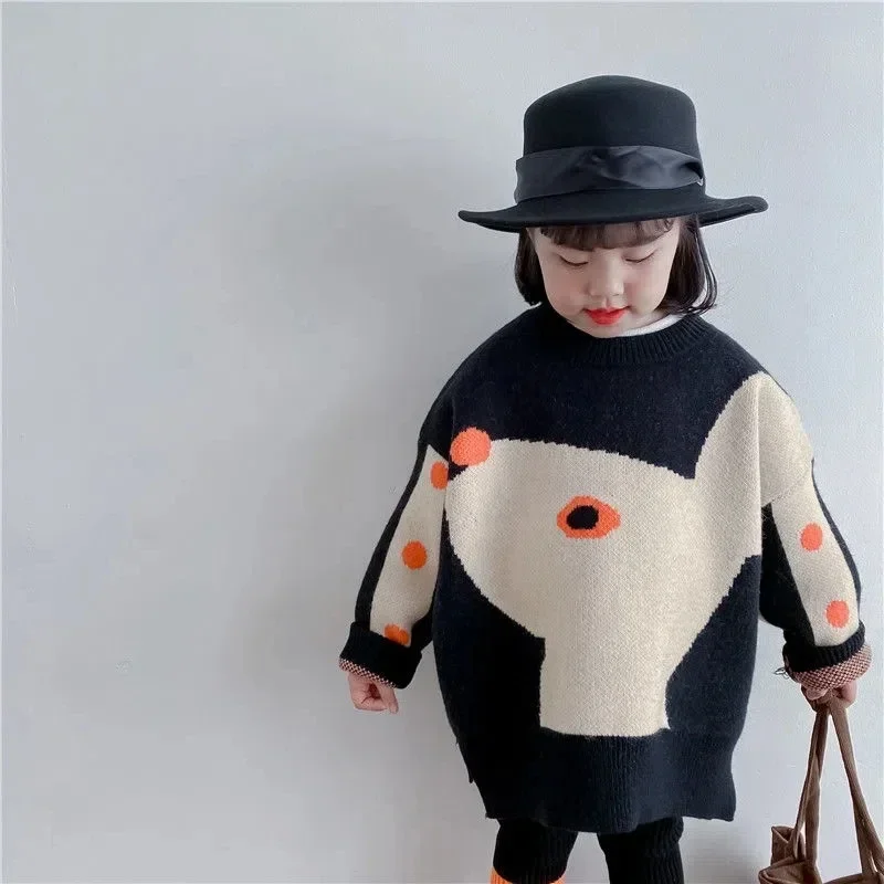 1-10 Years Kids Knitted Cartton Sweaters for Girls Loose Patchwork O Neck Christmas Sweater Toddler Baby Pullover Sweater Coat