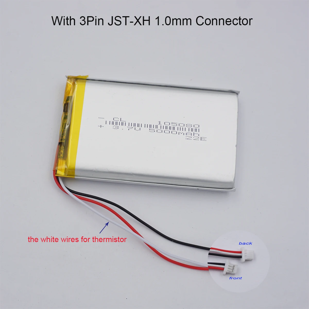 

3.7V 5000mAh 18.5Wh Thermistor 3 Wires Li-Polymer Li Lipo Battery 105080 3Pin 1.0mm JST For DashCam GPS LED Power Bank Tablet PC