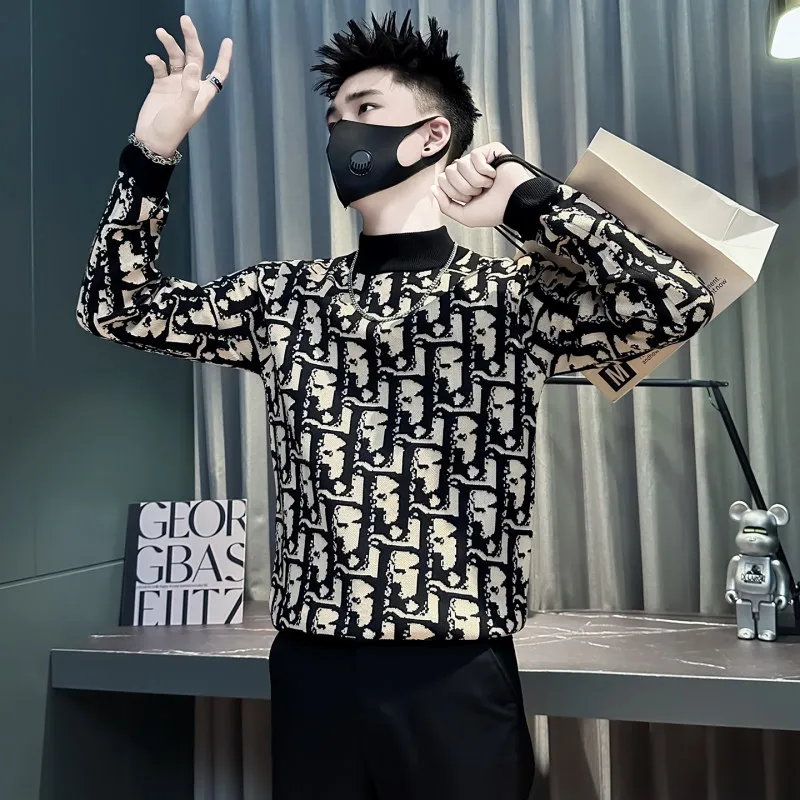 

Men's Small Size Faionable High-End Feeling Asymmetrical Pattern Knitted Sweater XS S Size Versatile Base Layer Winter Top