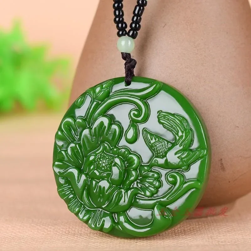 Natural Green Jade Flowers Bloom and Wealth Pendant Necklace Jewelry Carved Amulet Fashion Chinese Gifts Women Sweater Chain