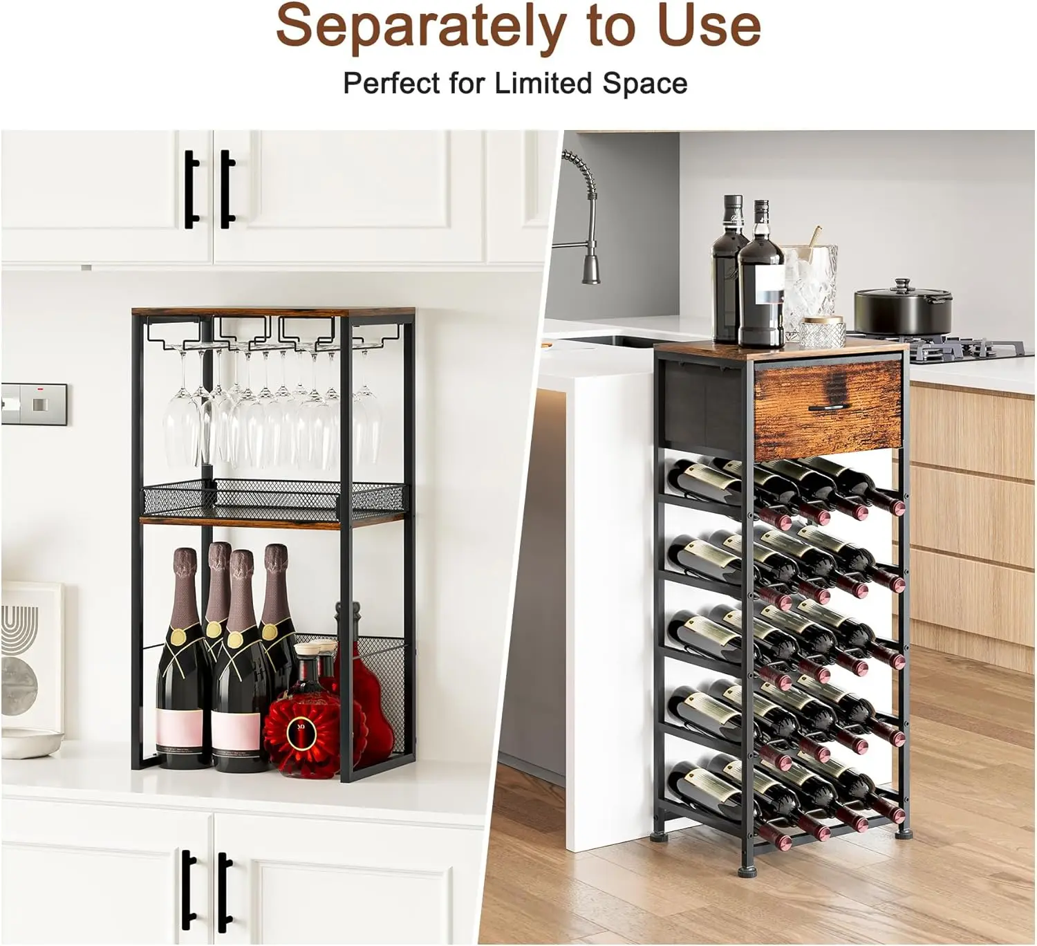 رف النبيذ المعياري القائم بذاته مع أقدام قابلة للتعديل وحامل زجاجي ودرج - يحمل 40 زجاجة لعرض شريط المنزل #6