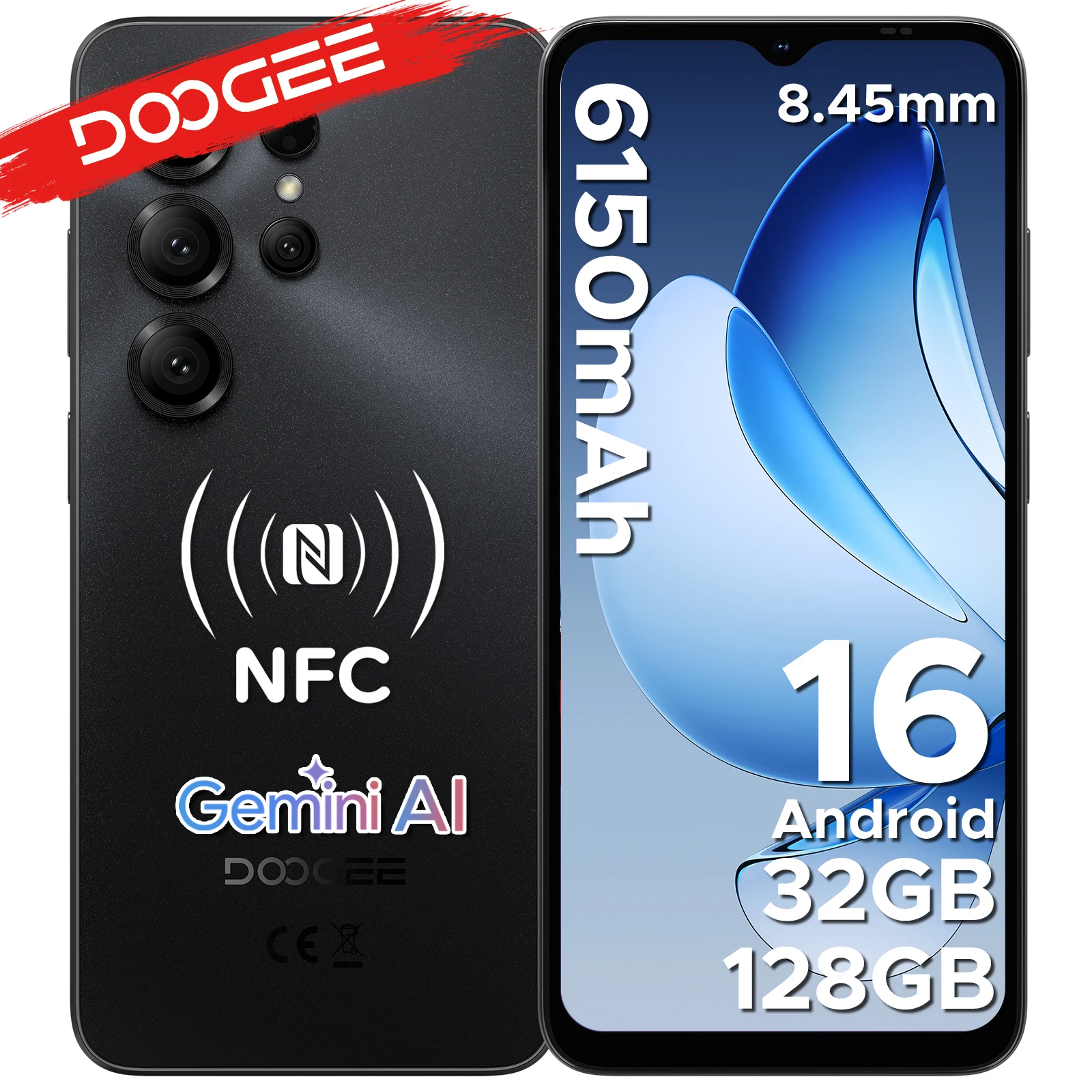 Teléfono inteligente DOOGEE Note56X Pro Android con batería de 16 " y 6150 mAh, 32 GB de RAM (4 + 28), 128 GB de ROM, compatible con Google Pay y Widevine L1.