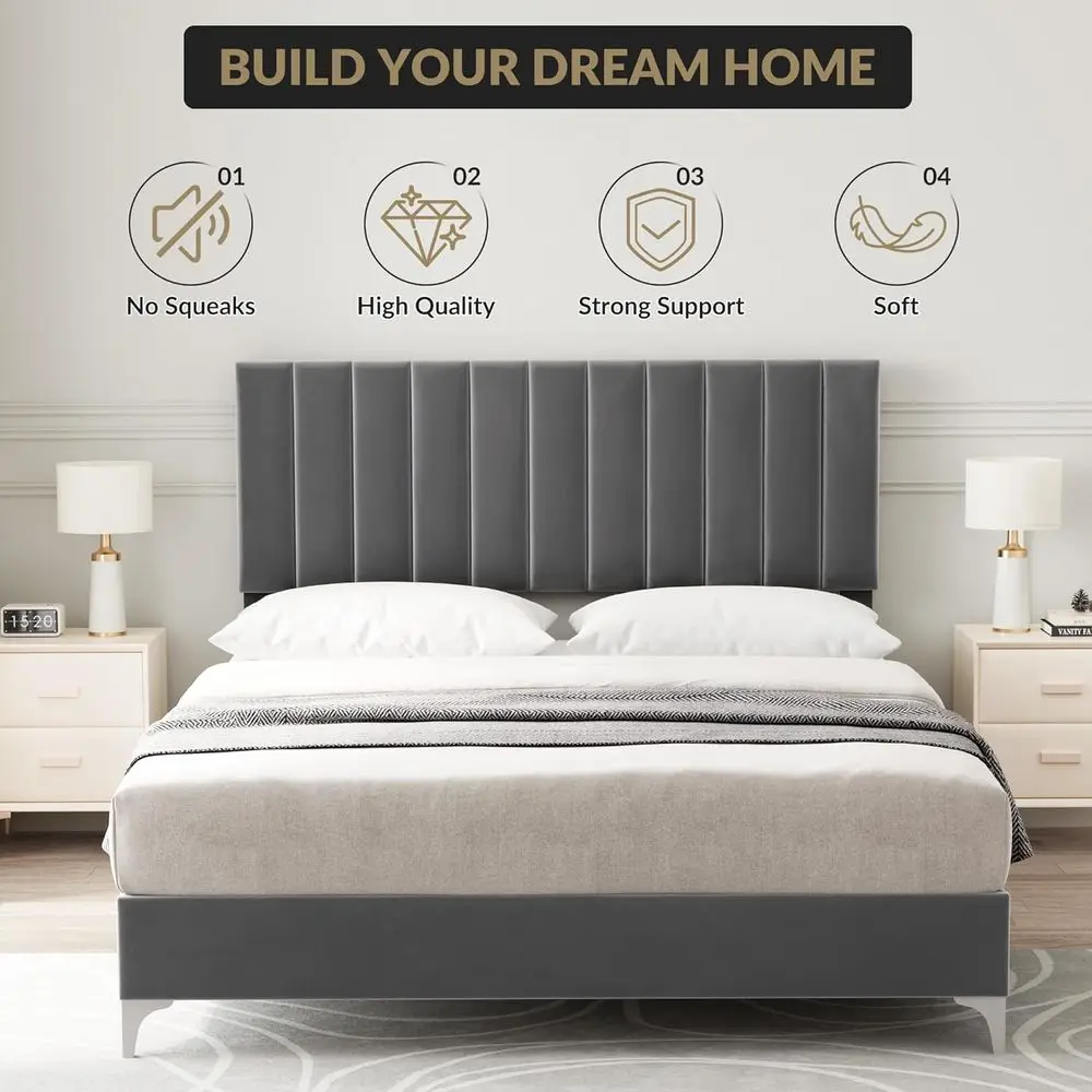 سرير بمنصة منجدة كاملة الحجم مع لوح رأسي قابل للتعديل وتصميم منخفض لكبار السن والأطفال، لا حاجة إلى صندوق زنبركي