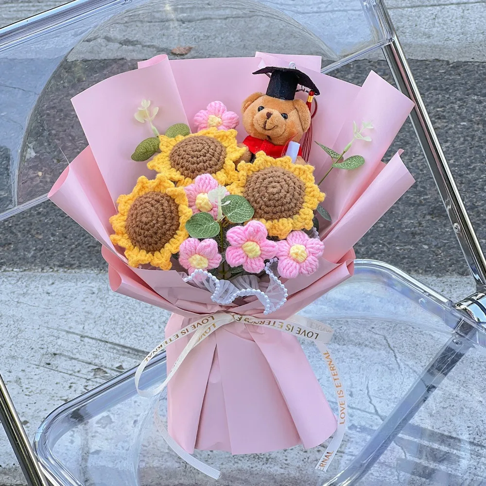 Nieuwe Dr. Bear Afstudeerboeket Cartoon Zonnebloem Knuffel Beer Dier met Lichtkoord Afstudeercadeau Party Decor