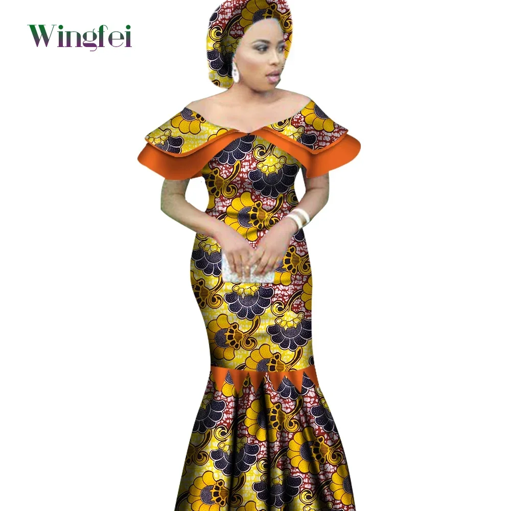 Bazin Riche African Dresses for Woman with African Headwarp Ankara Print Vestidos Dashiki Women Dresses Evening Gowns WY2452