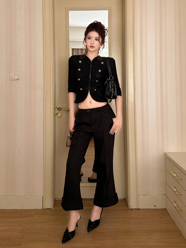 ReddaChic Sexy Lace Hollow-out Women Shirt Royal Slim Fit 3/4 Sleeve Double-breasted Collarless Crop Top Vintage Fall Clothes