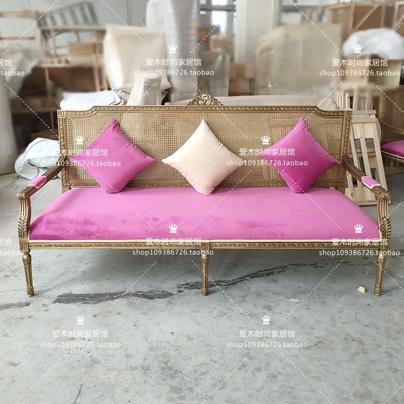 American French solid wood carving flower gold retro studio club rattan double triple sofa living room combination sofa
