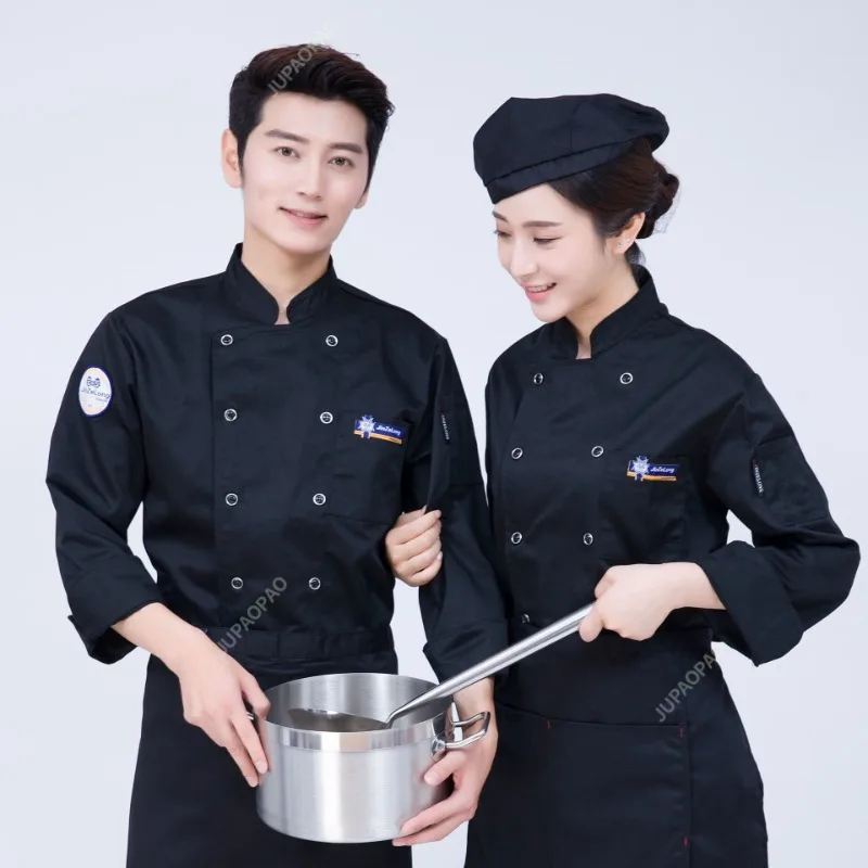 Chef Top Solid Color Pocket Long Sleeve Lightweight Double-breasted Cooking Stand Collar Plus Size Long Sleeves Cook Uniform