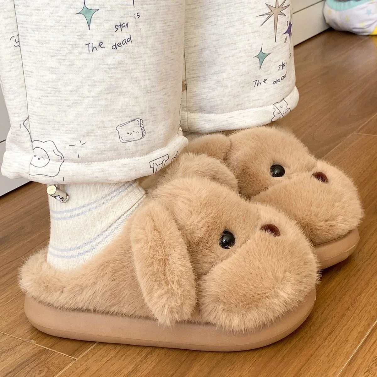 Winter Cartoon Brauner Hund Kapuzen Strampler Pyjamas Kigurumi Unicron Niedlich Langarm Reißverschluss Plüsch Neuheit Onesie Nachtwäsche Slipper – Detail 8