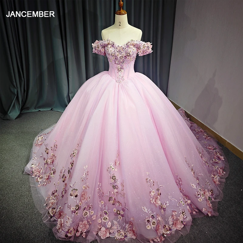 Customized Pink Shiny Quinceanera Dress Off Shoulder Applique Flower Beads Tull Vestidos 15 De XV Años Brithday Sweet 16 Dress