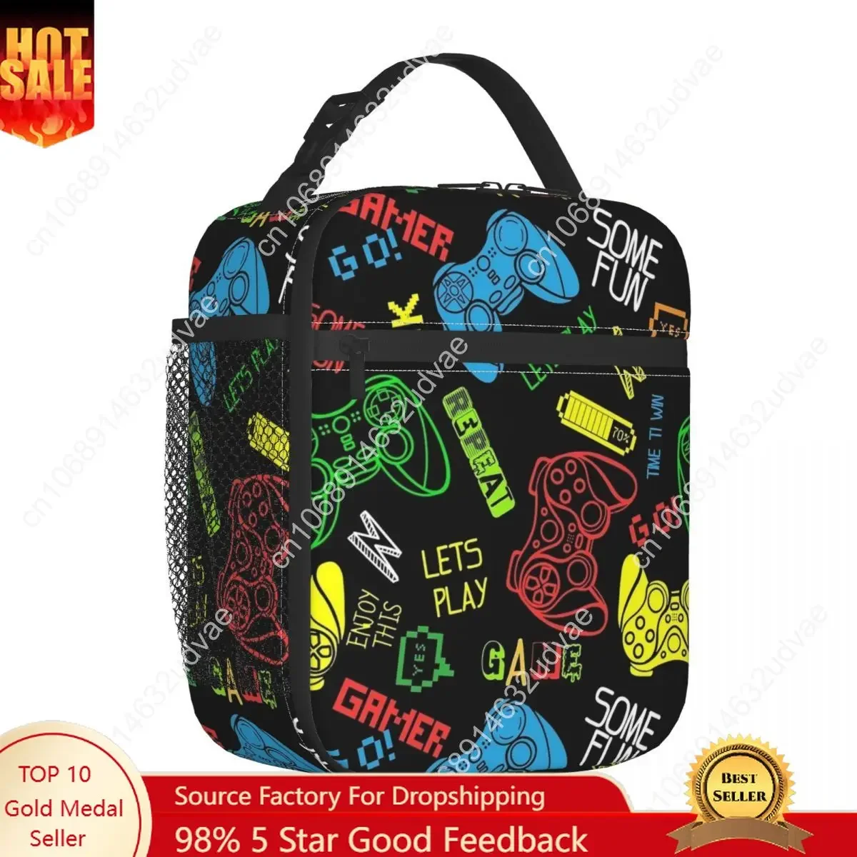 Video Game Controller Pixel Style Thermal Insulated Lunch Bag for Travel Portable Food Container Bags Thermal Cooler Lunch Box