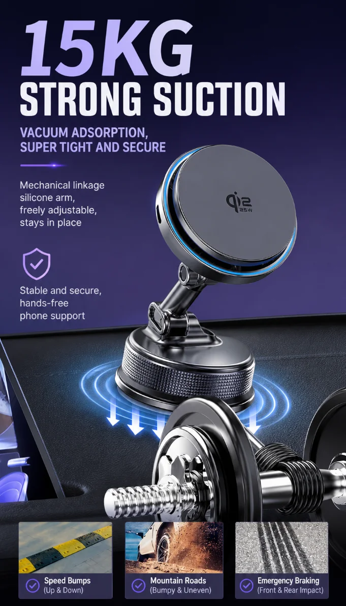 Qi2.2 Magnetisches Kabelloses Ladegerät Auto-Handyhalterung 25W Schnellladung mit Kühlventilator für iPhone 17 Pro Max 16 15 Huawei Ständer – Detail 9