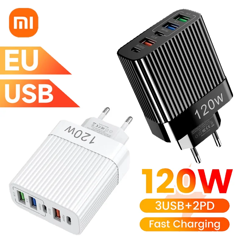 Xiaomi 120W Super Fast Charger Head Ultra Charger 5port 3 Usb 2 Type C 10A Charger Quick High Speed Charging For Xiaomi Samsung