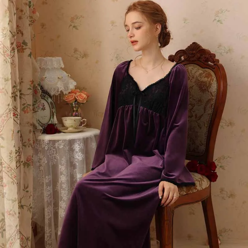 Retro Sexy Square Neck Nightgown Winter Velvet French Court Style Princess Sleepwear Sweet Long Sleeve Warm Nightwear Nightdress