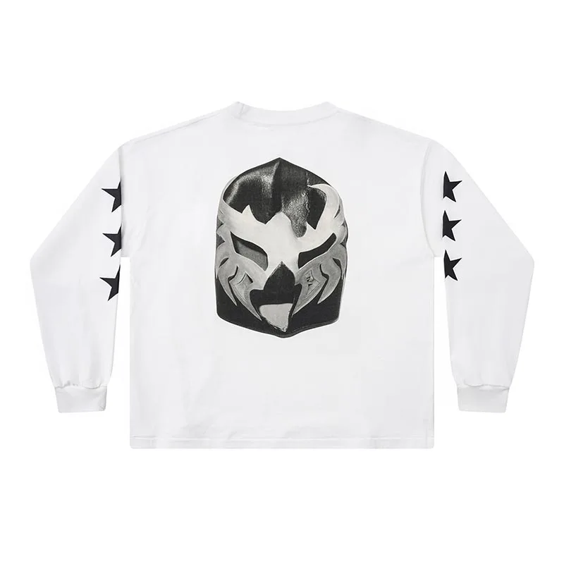 Black, White, Yellow, Red Long-sleeved T-shirt Kanye West Street Oversized Loose Mask Print Y2K Hip-hop Style Top
