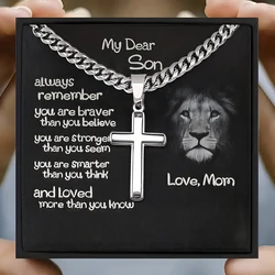 1pc Stainless Steel To My Son Cross Necklace From Mom Stand Tall Cross Necklace, With Message Card And Gift Box, Cross Necklace