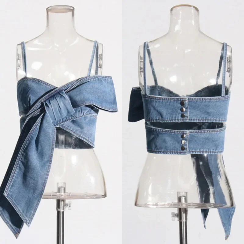 3D Bow Jeans Lace Up Denim Vest 2 Piece Set Women Summer 2024 Bra Vest Button Straight Leg Wide Leg Old Jeans High Waist Suit