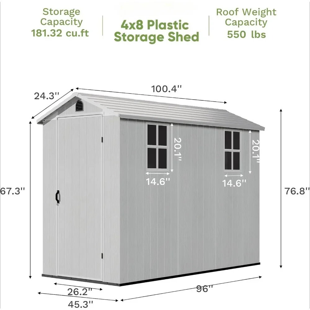 4' x 8' Outdoor Storage Shed with Floor, Plastic Shed Outside Resin Tool Shed with Two Windows and Lockable Door