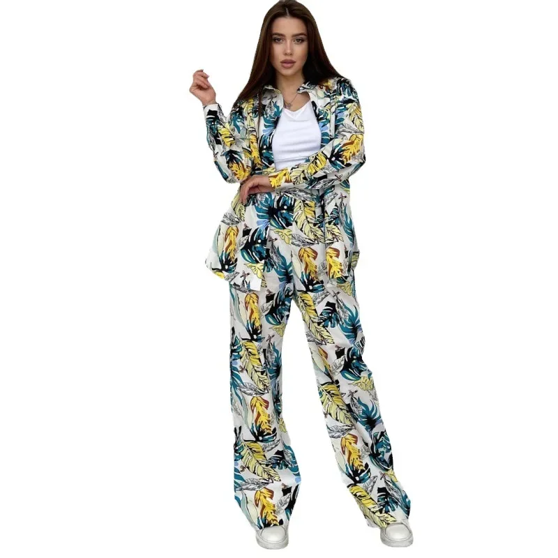 Women Tracksuit Two Pieces Set Long Sleeve shirts Turn Down Collar Single Breasted Print Pockets Wide Leg Pants High Street 2023